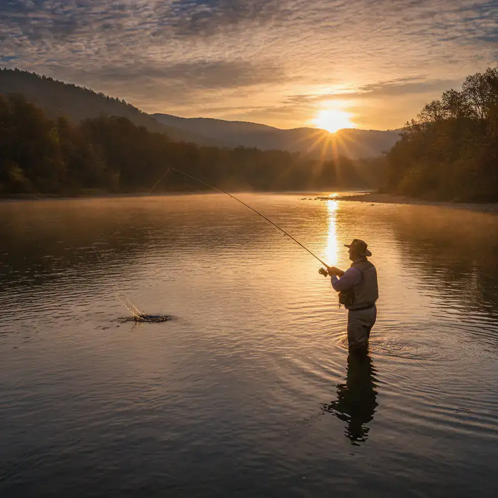 Angler casting a line in a wide river at sunrise