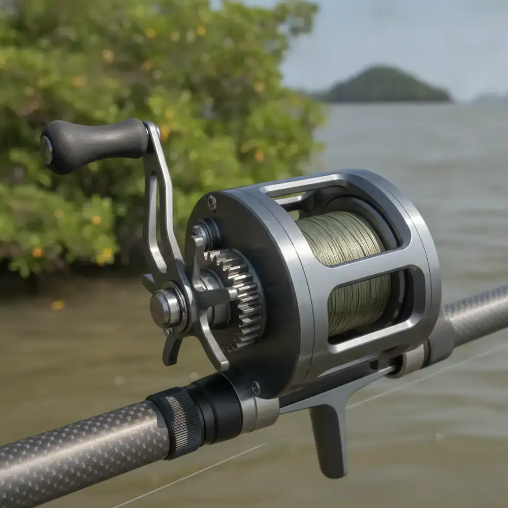 Close up of a durable fishing reel