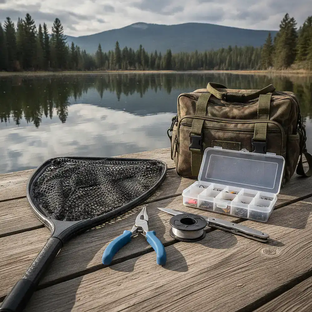 Fishing accessories including pliers, nets, and storage bags