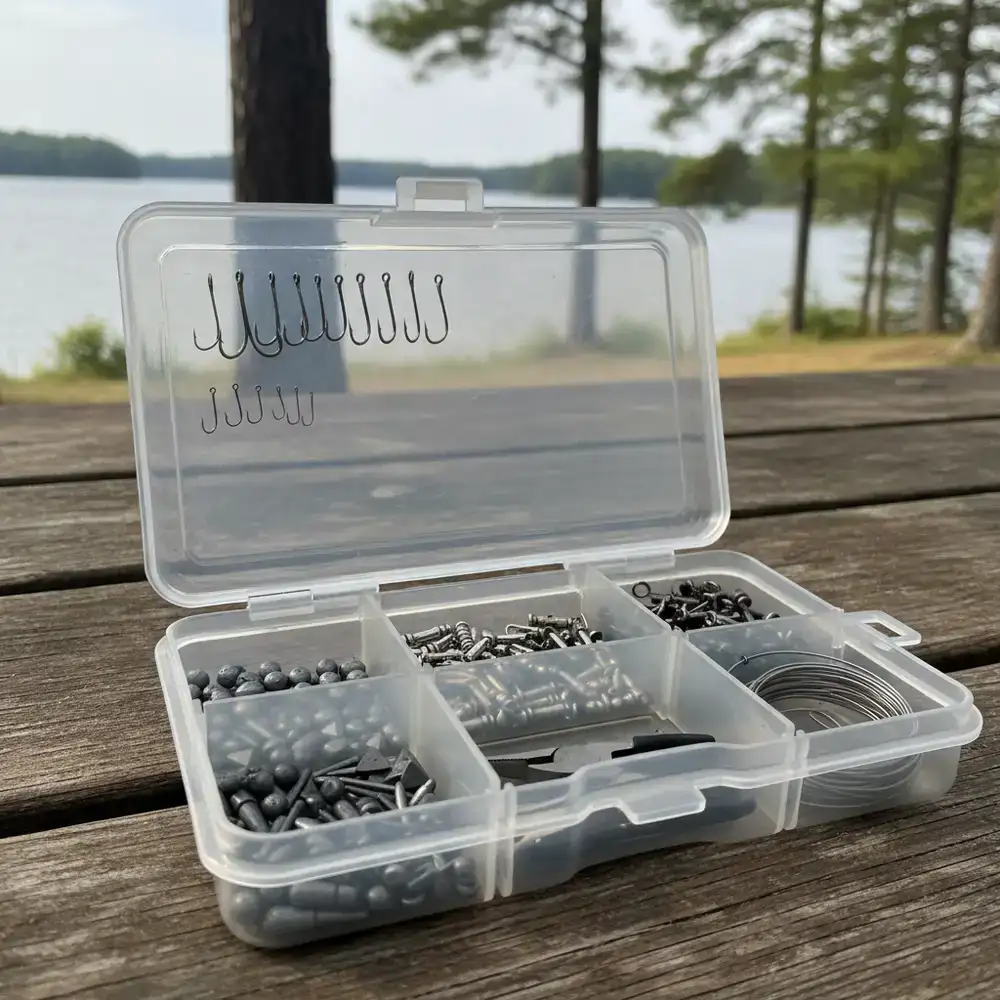 Organized tackle box with hooks, sinkers, and swivels