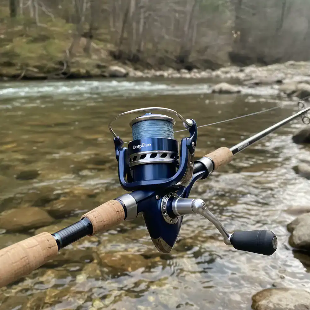 DeepBlue Spin Reel mounted on a rod with a river background