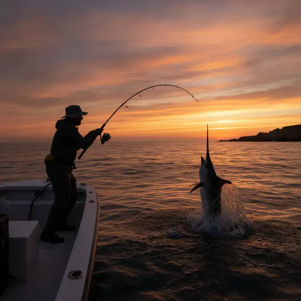 Angler successfully landing a large fish at sunset