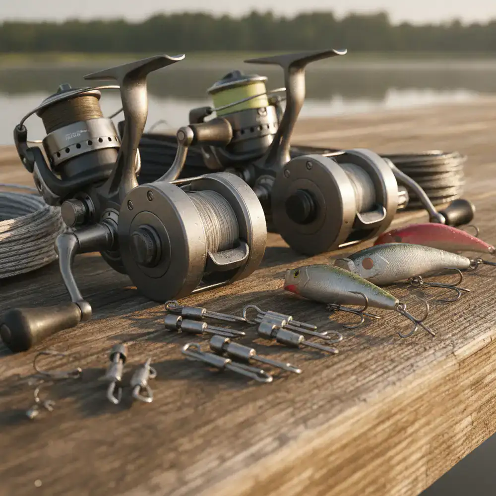 Close up of durable fishing tackle and reels arranged on a wooden surface