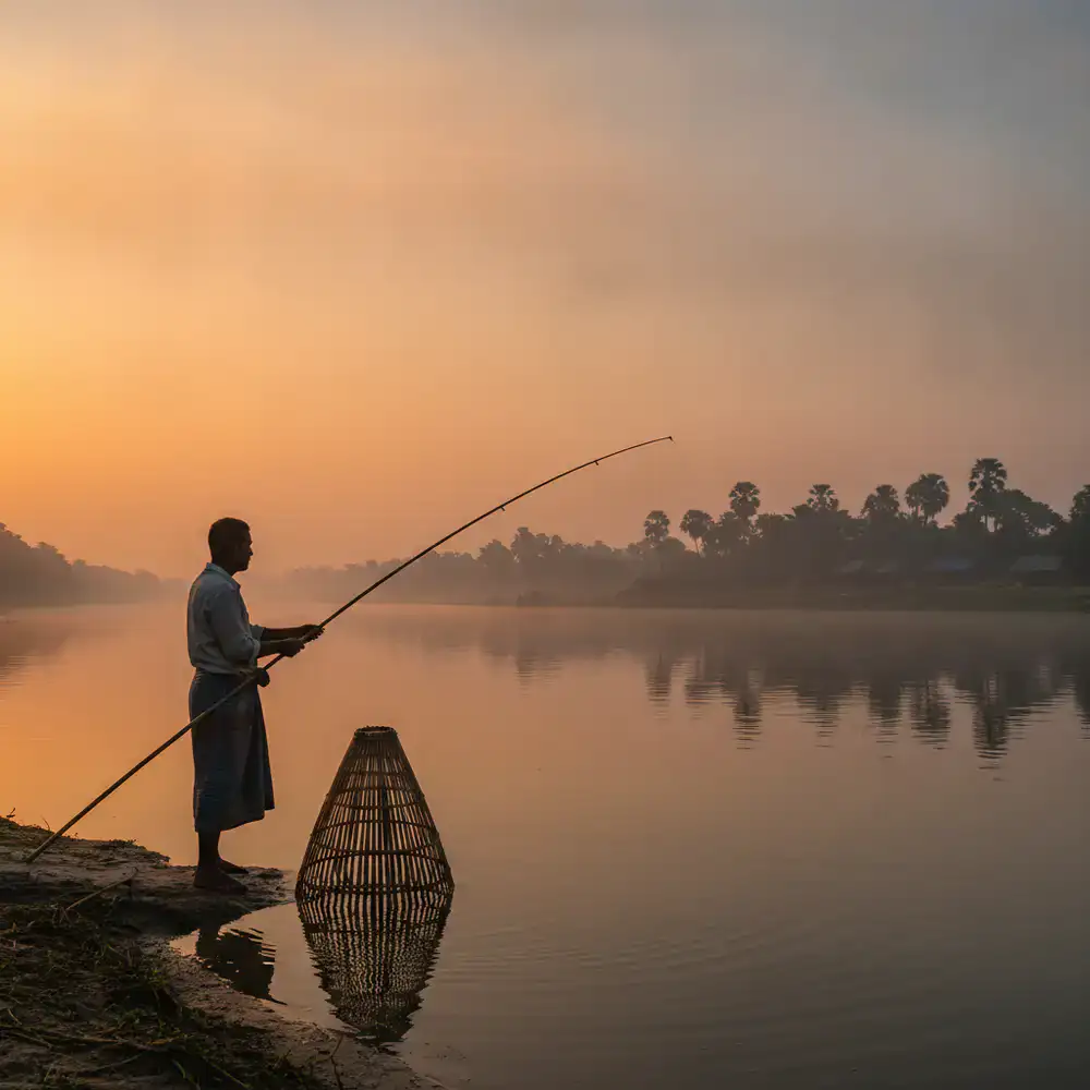 Angler standing by a calm river in Bangladesh at dawn