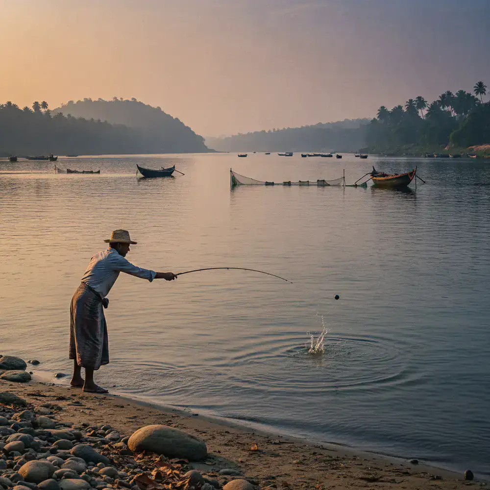 Angler casting a fishing line into a wide scenic river in Bangladesh