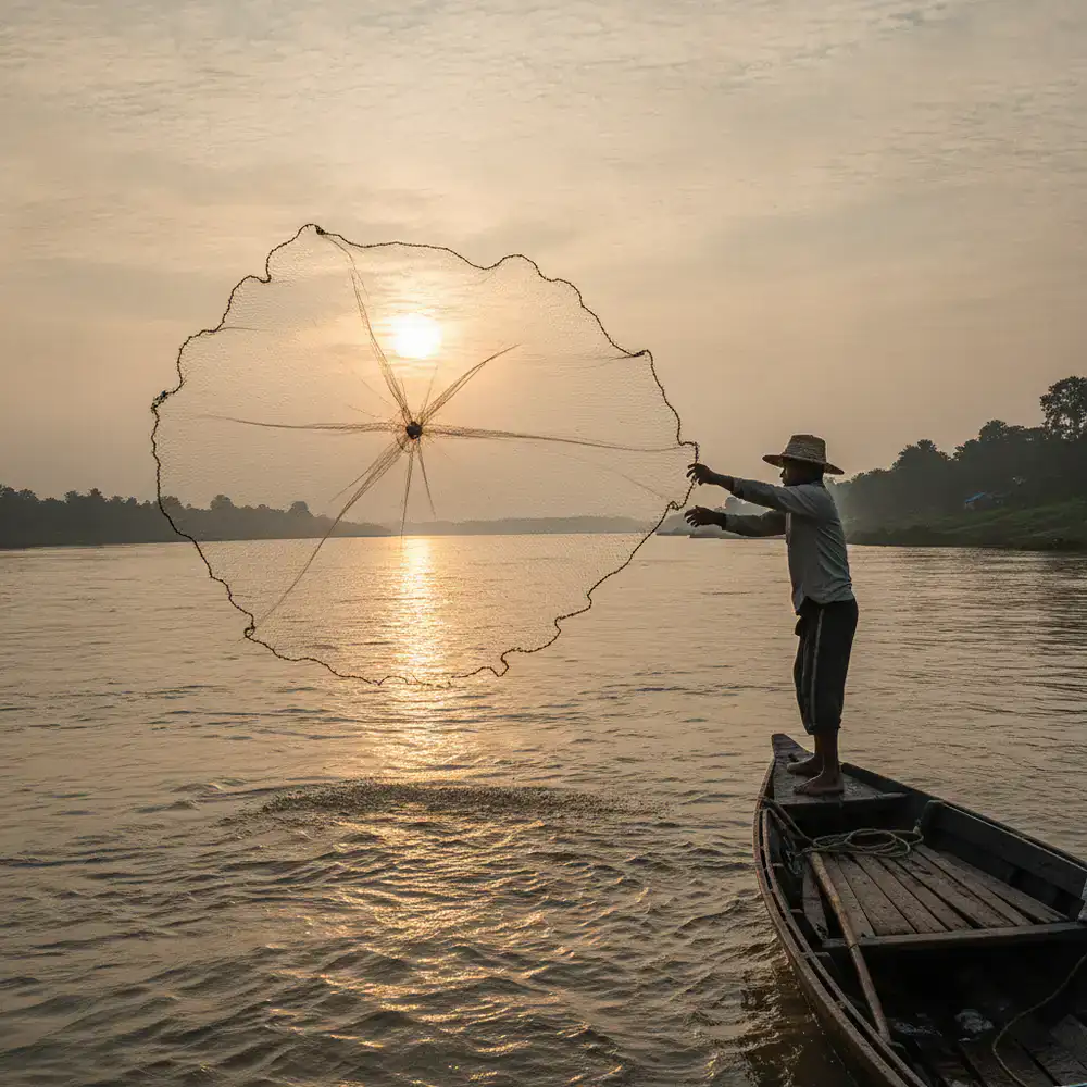 Fisherman casting a net or line in the wide waters of a Bangladesh river
