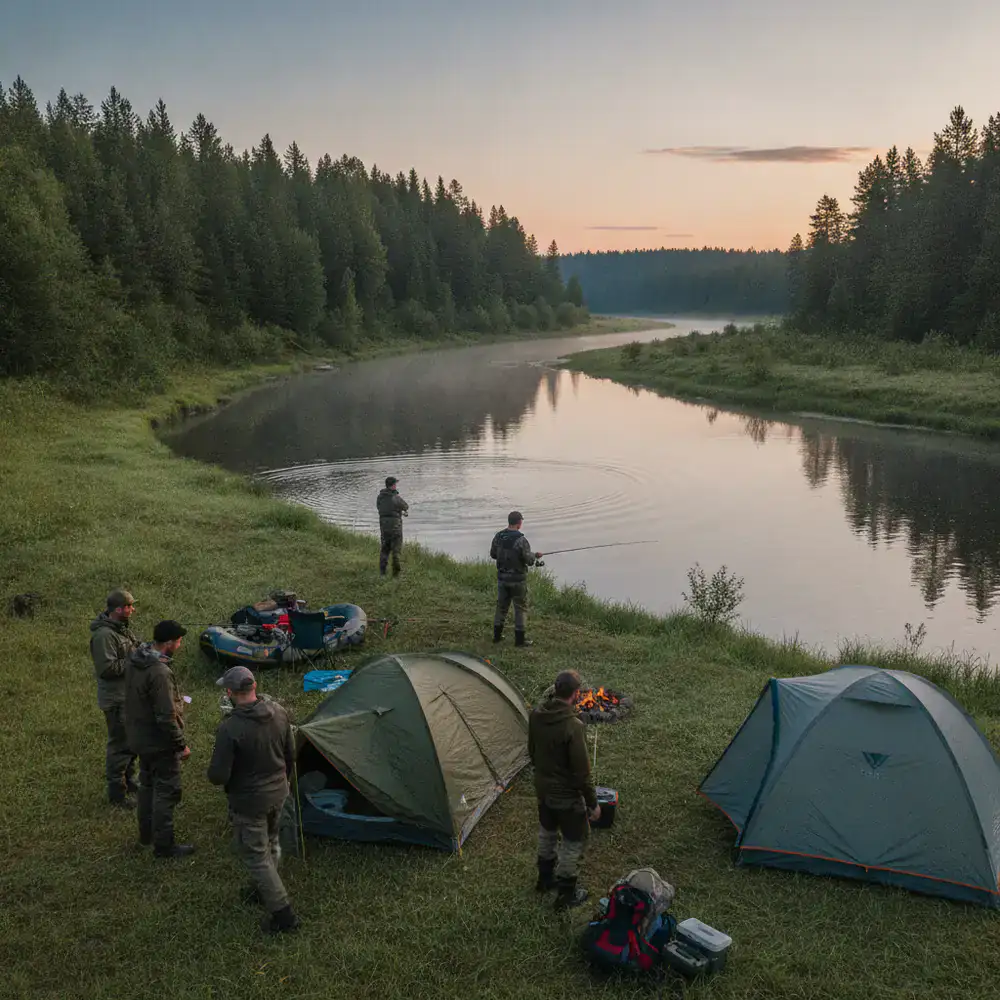 Group of passionate anglers setting up camp by a serene river at dawn