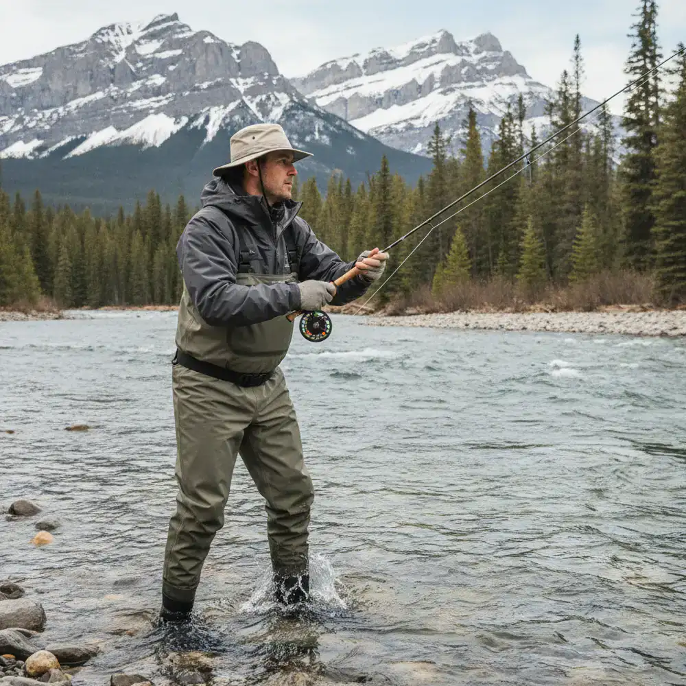 Angler wearing weather-resistant outdoor fishing apparel