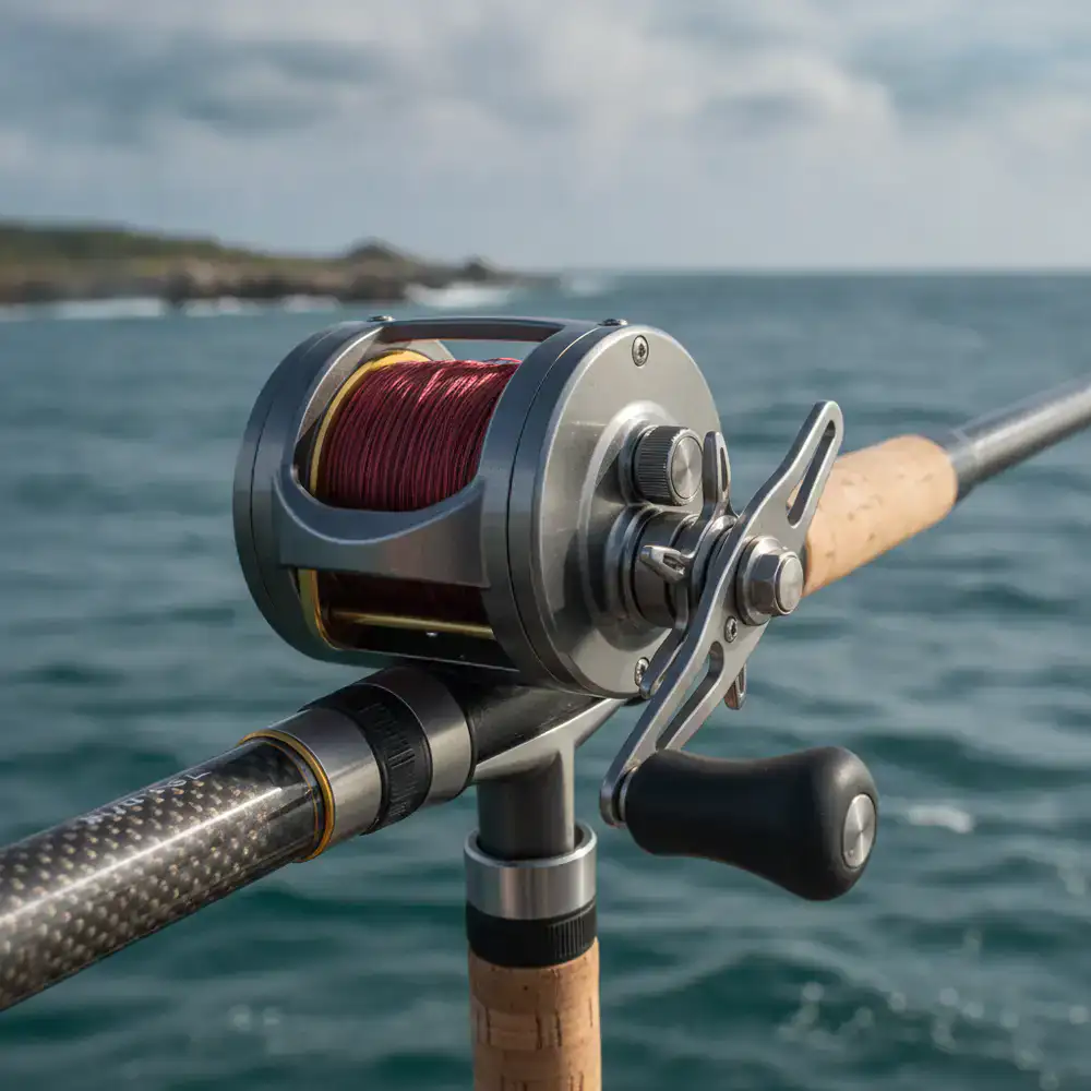Close up of a heavy-duty fishing reel mounted on a rod