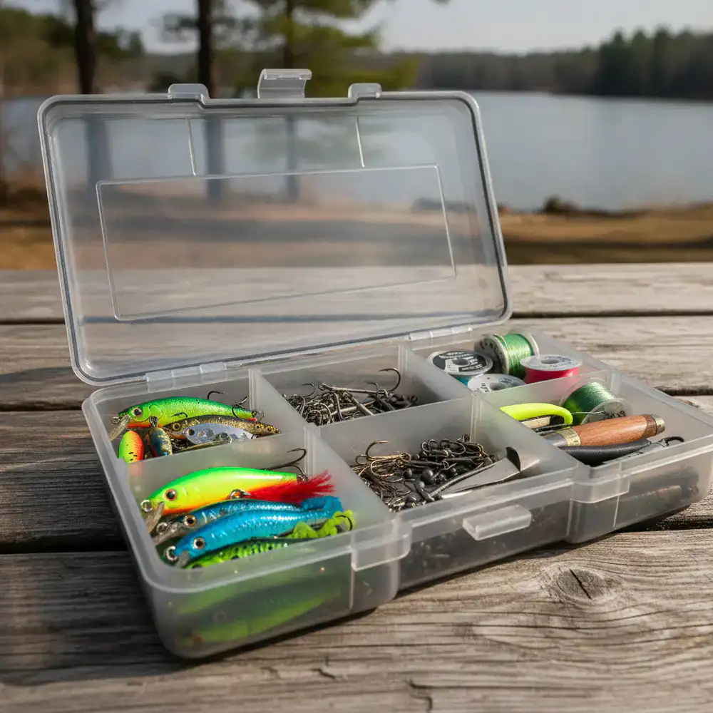 Open tackle box filled with colorful lures and reliable hooks